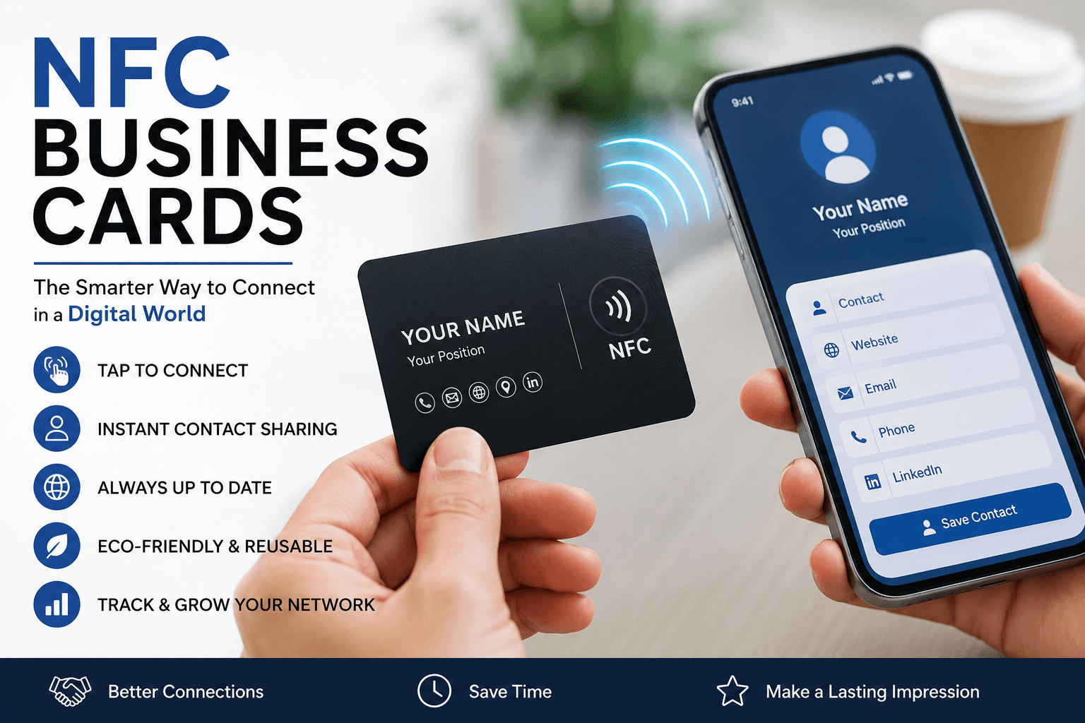 Professional using an NFC business card to instantly share contact information with a smartphone through contactless technology.