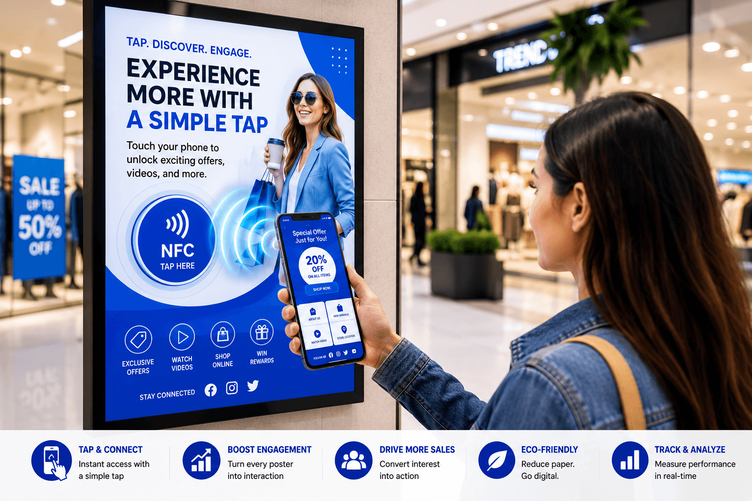 Customer interacting with an NFC smart poster using a smartphone to access digital content instantly.
