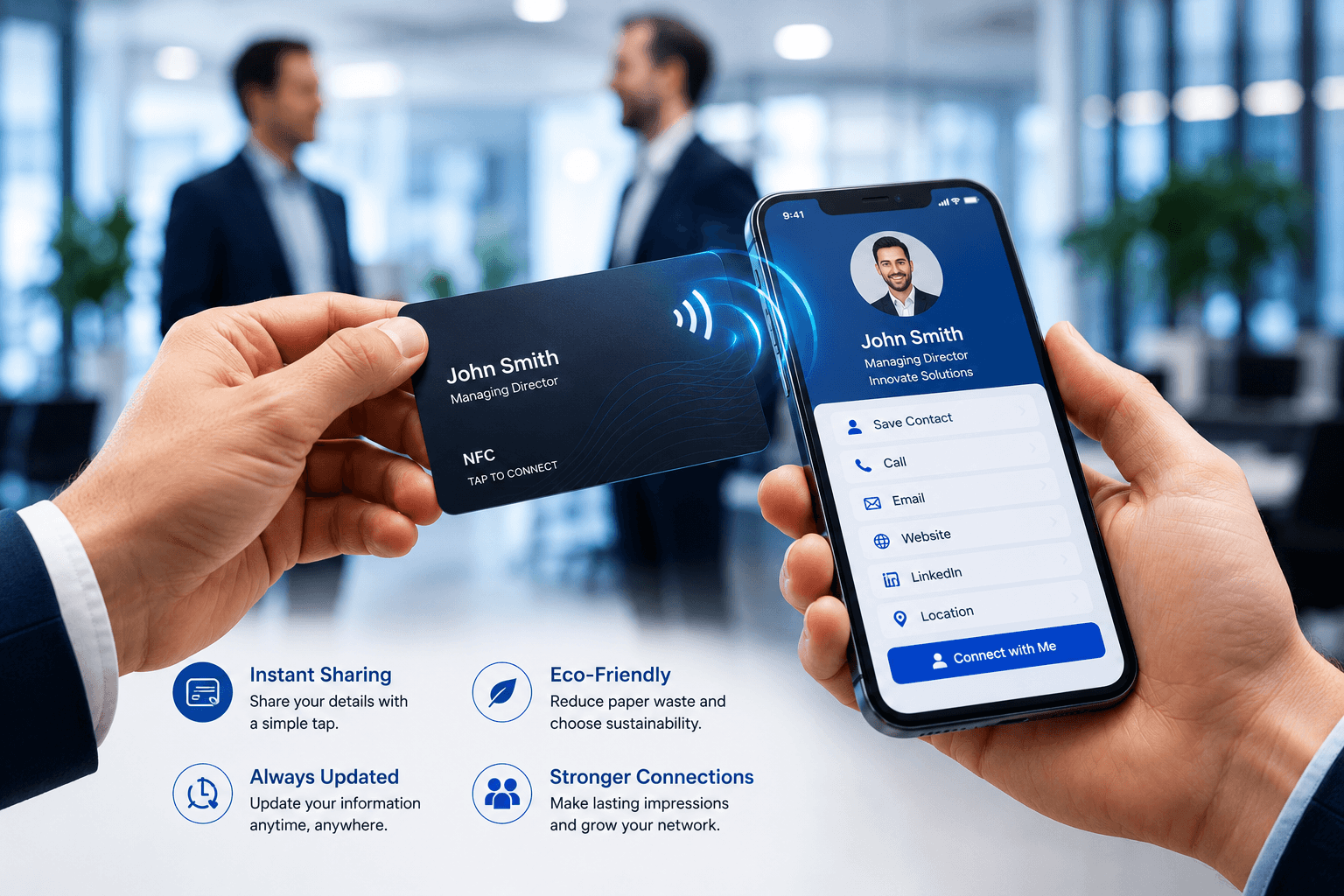 Professional using an NFC digital business card to instantly share contact information with a smartphone.