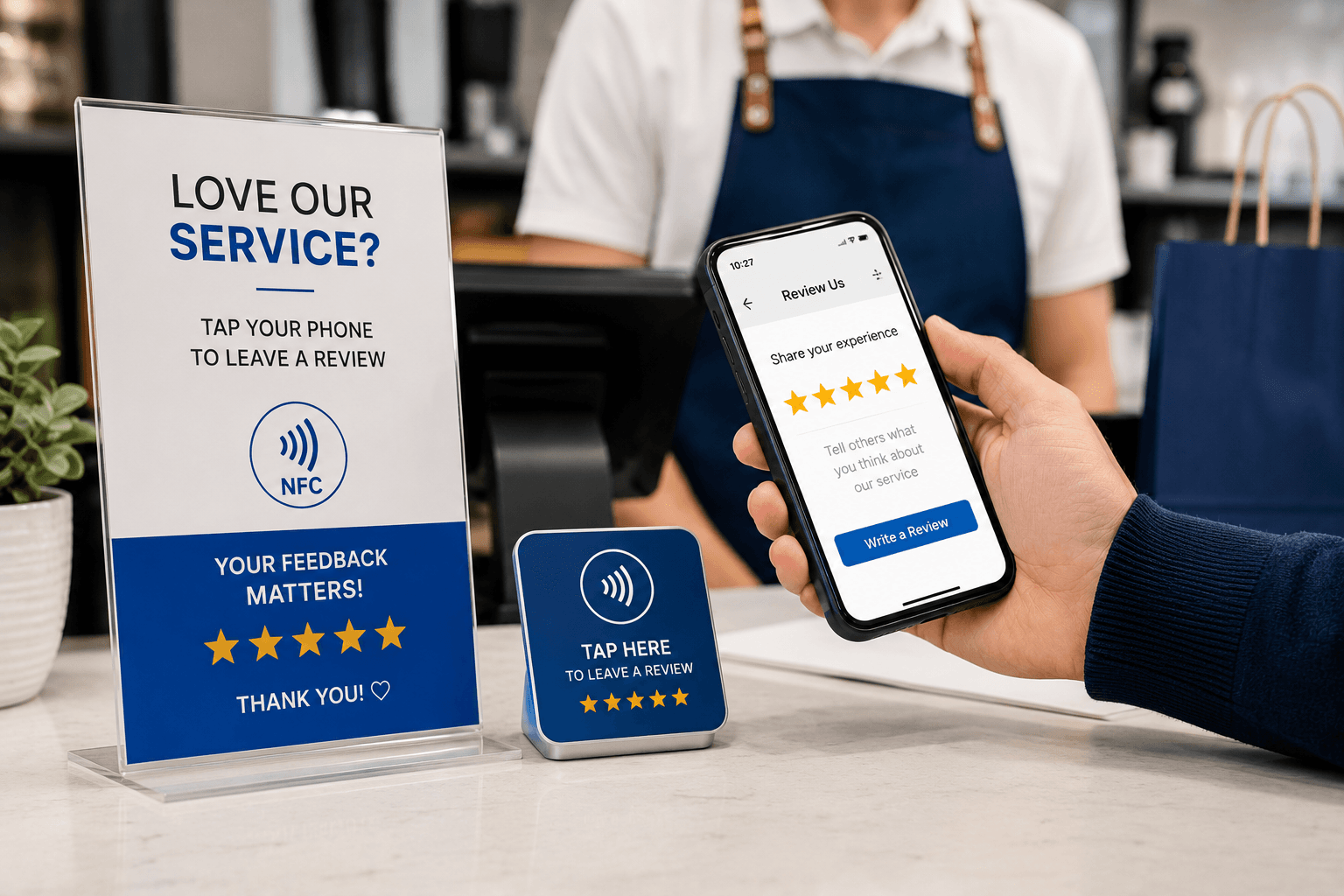 Customer using an NFC Google Review Card to instantly leave a five-star business review with a smartphone.